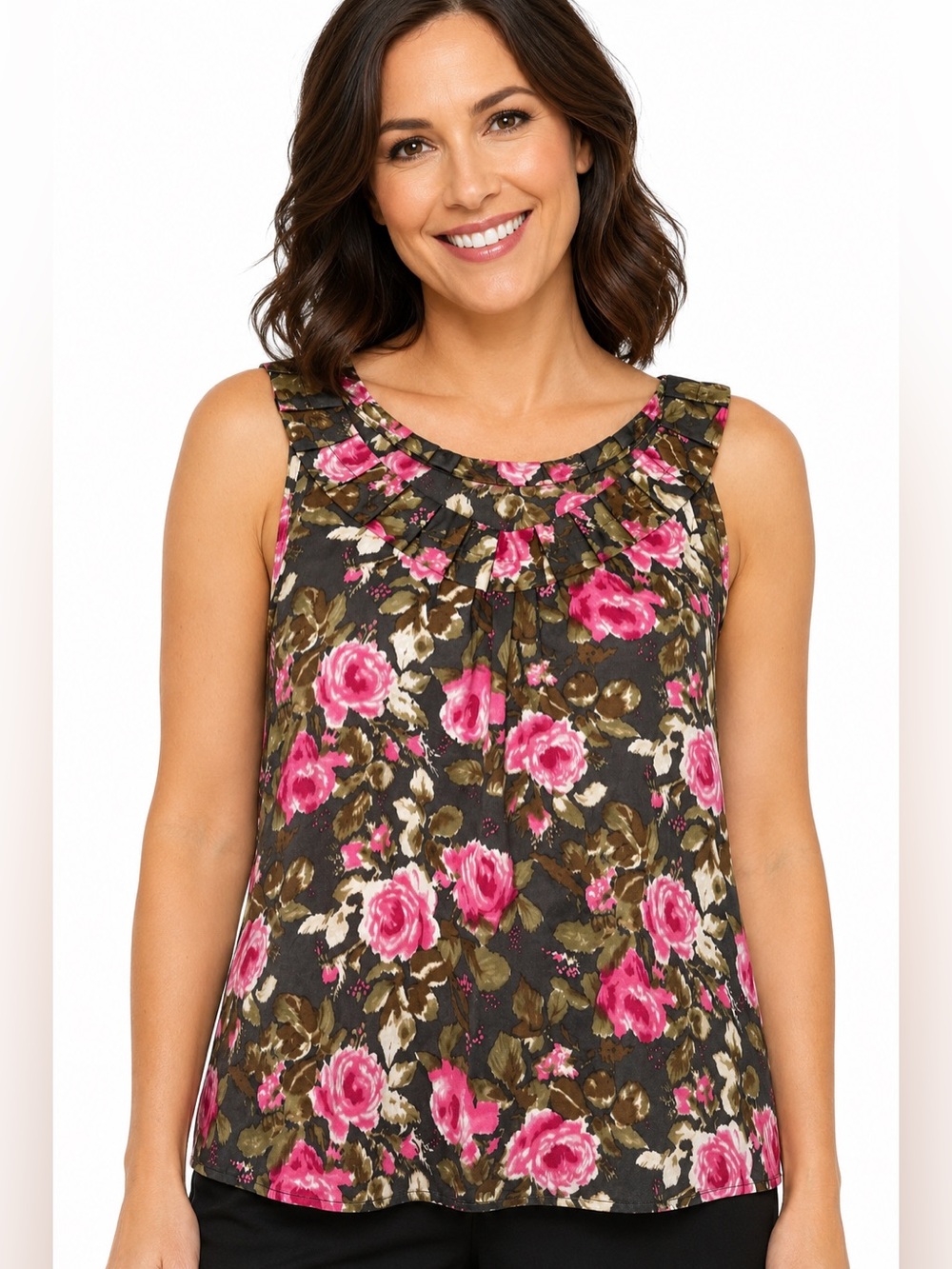 LOFT Pink Rose Floral Sleeveless Ruffle Neck Blouse Women’s XL